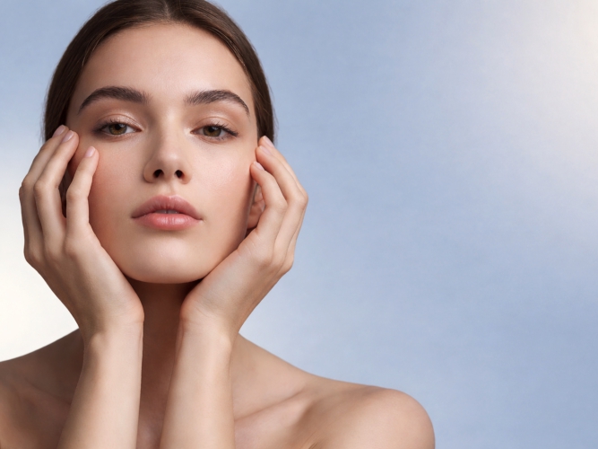 Produtos de skincare organizados sobre uma superfície clara